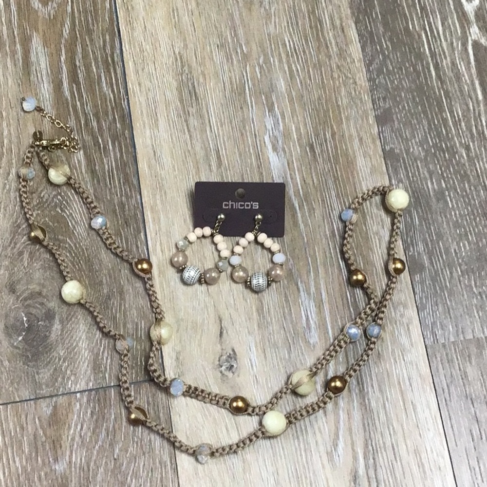 New Chicos tan braided beaded necklace and earring set.